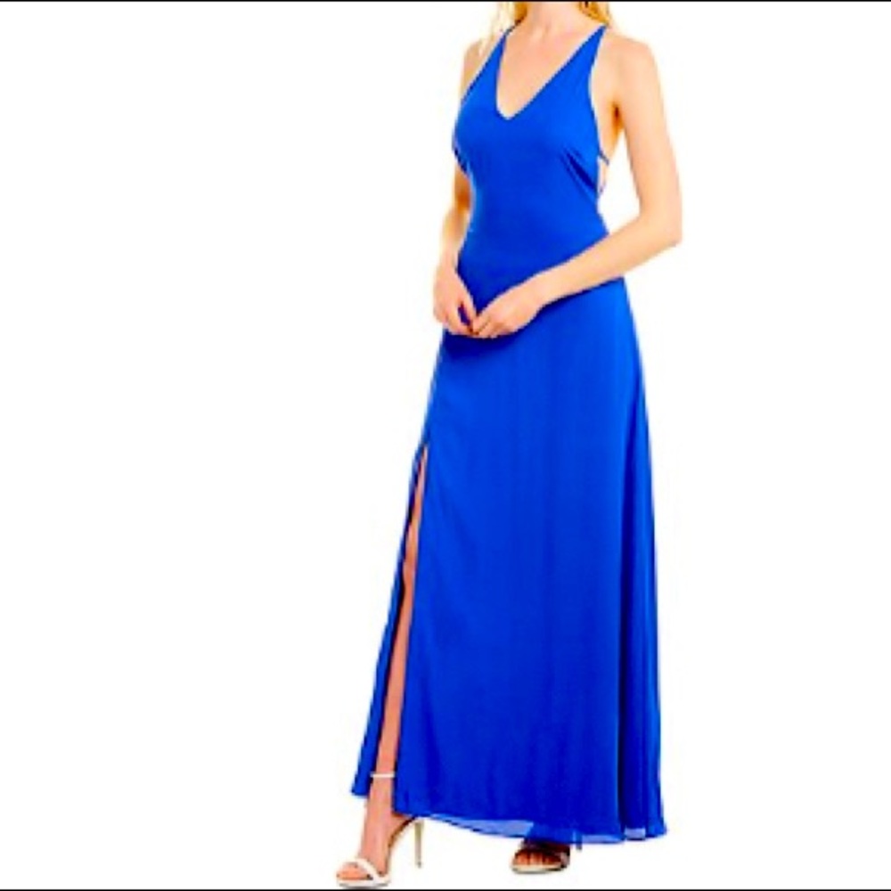 Fame and Partners Blue Halter Gown